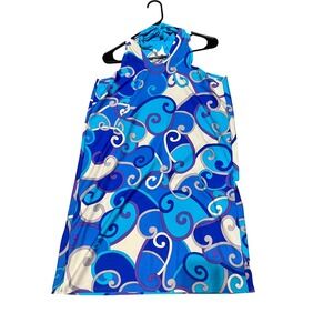Tara Grinna Ponza Halter Dress Blue Swirl Print PZ-609 Size L Swim Resort Retro